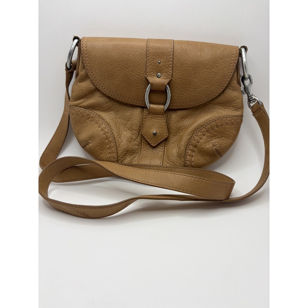 Sigrid Olsen Tan Pebbled Leather Crossbody Bag Saddle Flap Whipstitch Boho